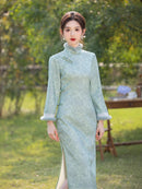 女式复古花卉绿色汉服，仿毛领