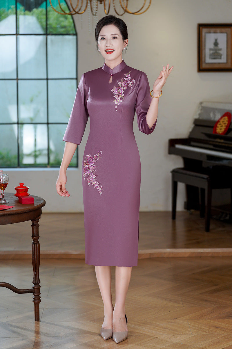 Aubergine Acetate Stretch Satin Embroidered Modern Qipao Midi | Mandarin Collar Keyhole