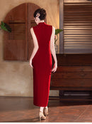 Red Butterfly Embroidered Qipao Gown | Mandarin Collar Slim Fit Dress, Elegant Design