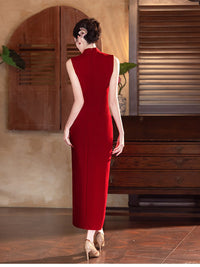 Red Butterfly Embroidered Qipao Gown | Mandarin Collar Slim Fit Dress, Elegant Design