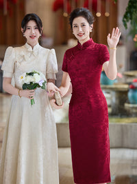 Red Jacquard Qipao for Mother | Mandarin Collar with Frog Buttons