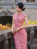 Pink Flocked Floral Print Sleeveless Mandarin Qipao Dress|Slim Mid Cheongsam