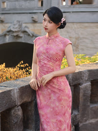 Pink Flocked Floral Print Sleeveless Mandarin Qipao Dress|Slim Mid Cheongsam