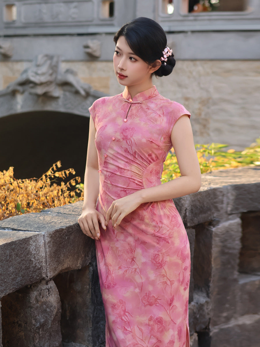 Pink Flocked Floral Print Sleeveless Mandarin Qipao Dress|Slim Mid Cheongsam