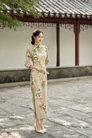 Beige Vintage Floral Jacquard Long-Sleeve Qipao