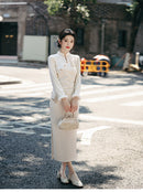 White Gold-Embroidered Winter Modern Qipao Elegant for Work & Banquets