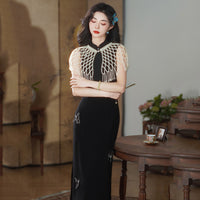 New Chinese Style Black Sleeveless Butterfly Embroidered Qipao Dress | Mandarin Collar Slim Fit High Slit Maxi Gown