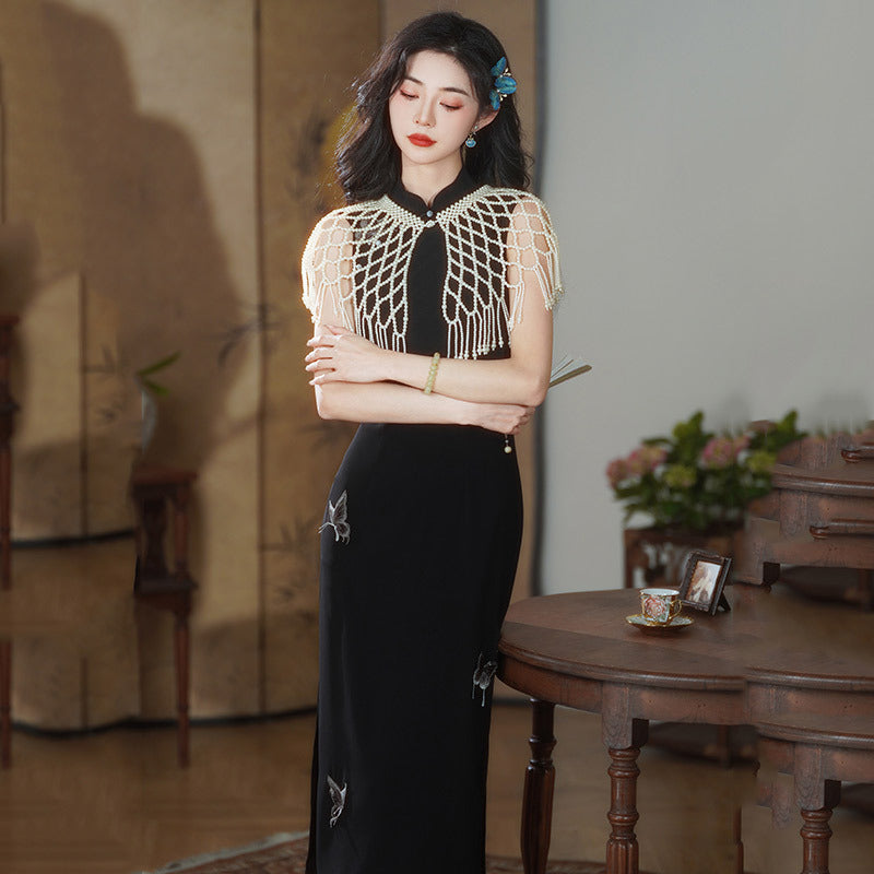 New Chinese Style Black Sleeveless Butterfly Embroidered Qipao Dress | Mandarin Collar Slim Fit High Slit Maxi Gown
