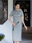 Summer Plus-Size Jacquard Modern Qipao | Mandarin Short Sleeve Keyhole, Slim Midi with Side Slit