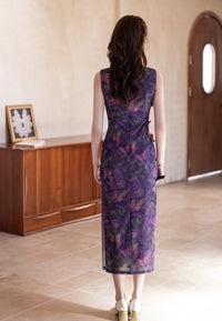 Purple Butterfly-Print Modern Qipao Midi | Sleeveless Mandarin Neck