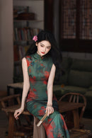 Pine-Green Watercolor Floral Qipao | Sleeveless Slim Long Dress with Side Slit