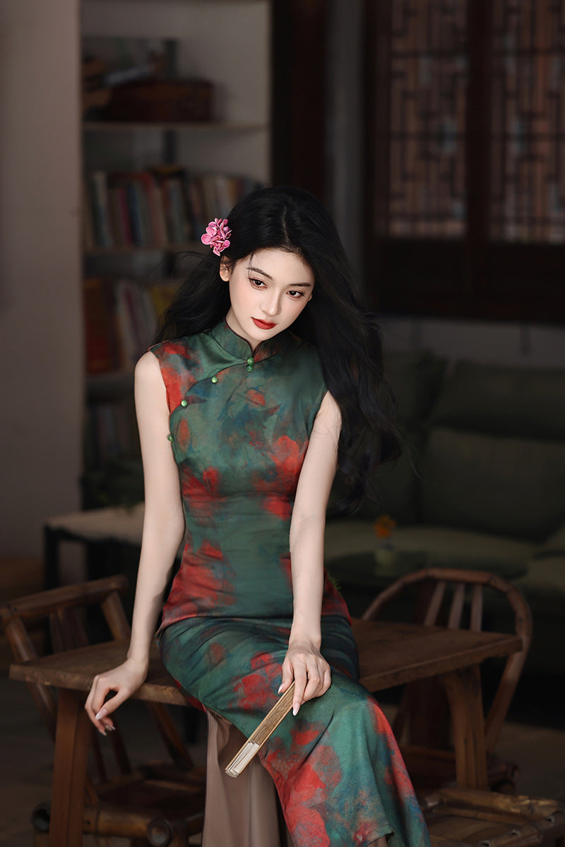 Pine-Green Watercolor Floral Qipao | Sleeveless Slim Long Dress with Side Slit