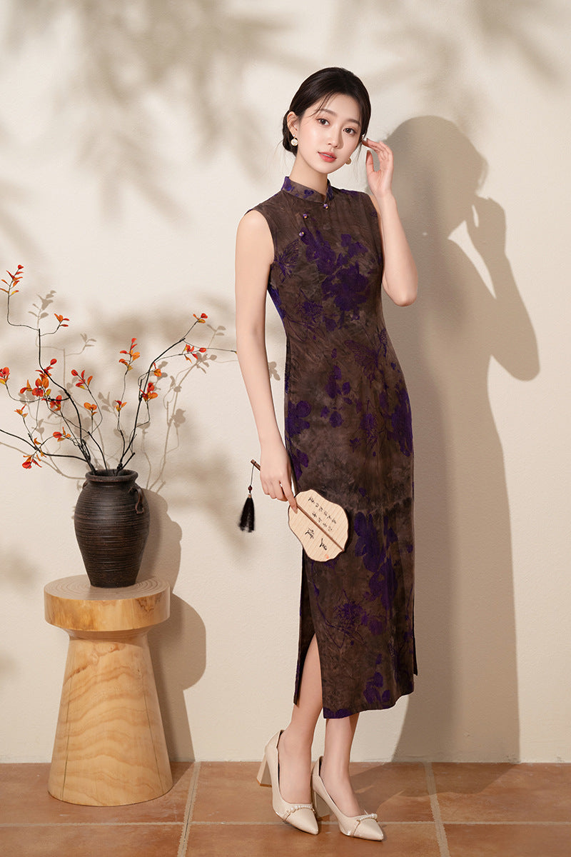 Floral Jacquard Sleeveless Qipao Dress | Vintage Mandarin Collar Maxi Cheongsam