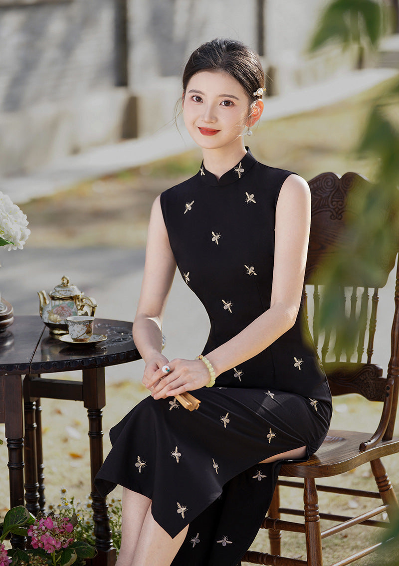 Black Sleeveless Jacquard Qipao | Slim Maxi Side-Slit Vintage-Elegant Gown