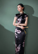 Black Silk Floral Qipao Dress | Slim-Fit Long Mandarin