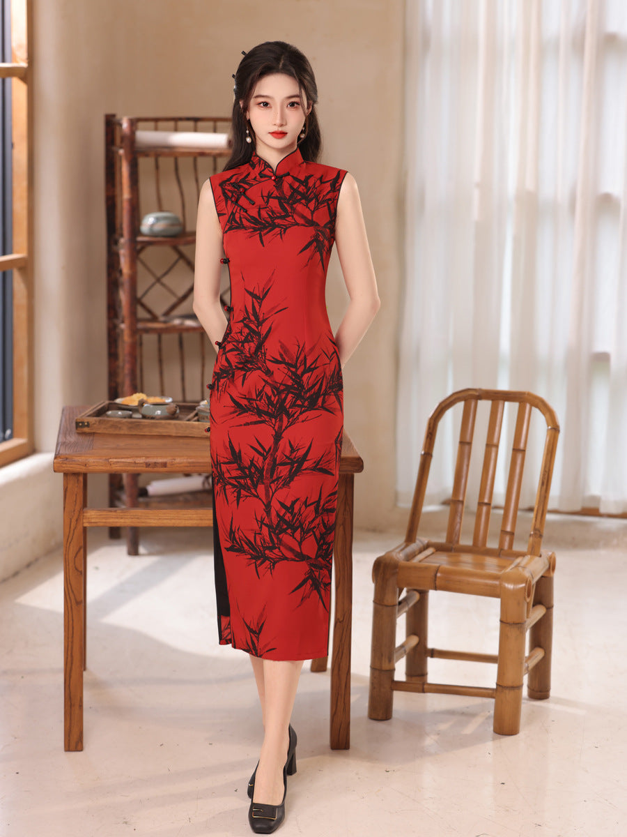 Red Black Bamboo Print Qipao Dress Sleeveless Mandarin Collar Slim Fit Side Slit Maxi