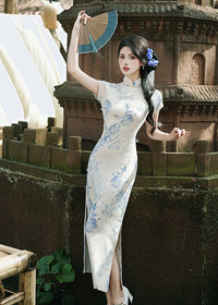 Ivory Blue Floral Qipao Dress | Mandarin Collar Slim Split Cheongsam Maxi