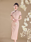 Pink Lace-Trim Qipao Midi Dress | Mandarin Collar Slim Cheongsam with Side Slit