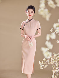 Pink Lace-Trim Qipao Midi Dress | Mandarin Collar Slim Cheongsam with Side Slit