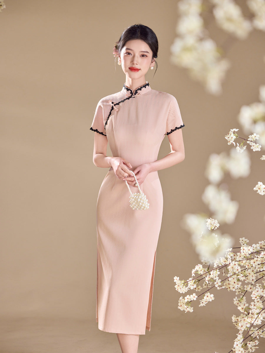 Pink Lace-Trim Qipao Midi Dress | Mandarin Collar Slim Cheongsam with Side Slit