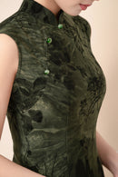 Forest Green Jacquard Sleeveless Qipao Dress | Mandarin Collar Slim Maxi Cheongsam