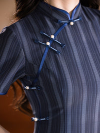 Navy Striped Qipao | Mandarin Collar Slim Midi Dress