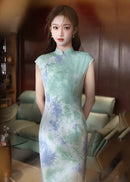 Chinese Ink Print Brocade Qipao | Slim-Fit Mandarin Collar Cheongsam