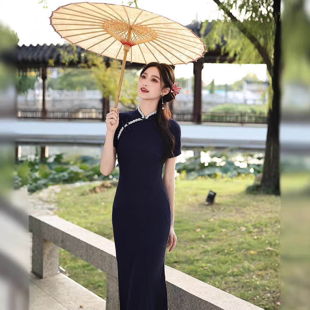 Navy Minimalist Short Sleeve Qipao Dress | Mandarin Collar Slim Maxi Cheongsam