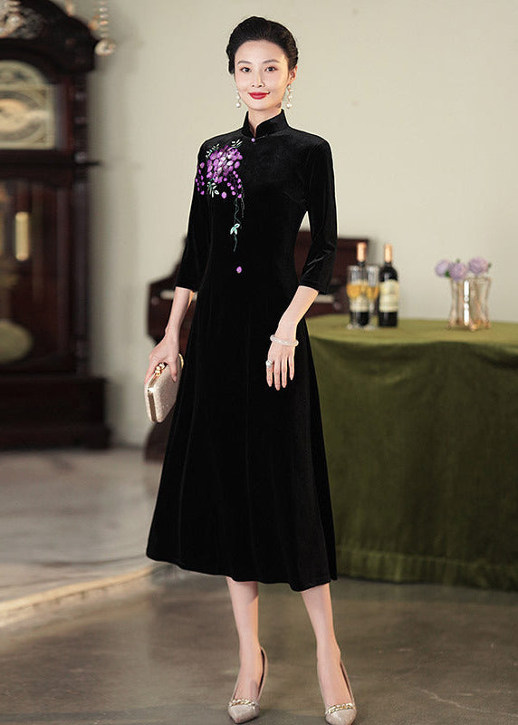 Embroidered Modern Qipao Maxi | Wine Red/Purple/Black | Mandarin Collar 3/4 Sleeves