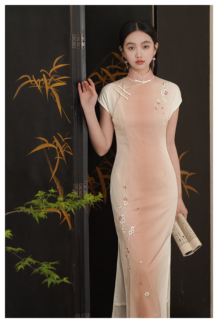 Traditional Half-Mandarin Jacquard Qipao | Vintage Style Pink Dress with Side Slit | Slim Fit Design
