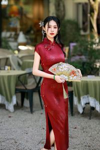 Wine Red Jacquard Satin Qipao Dress | Mandarin Collar Slim Split Cheongsam Evening Gown