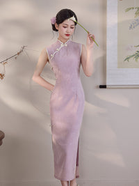 Lilac Jacquard Sleeveless Qipao Maxi Dress | Mandarin Collar Piped Slim Cheongsam