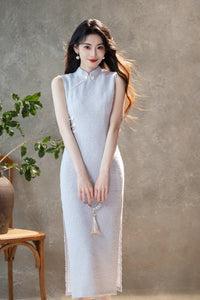 Light Blue Floral Sleeveless Qipao Dress | Slim Mandarin Midi