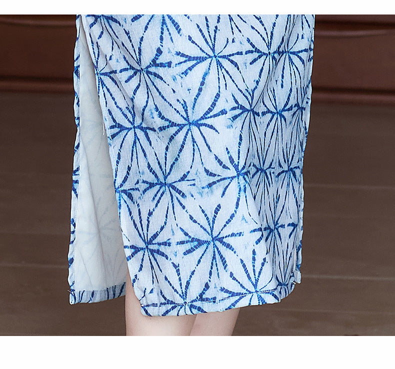 Spring Elegant Qipao Midi | Ice-Blue Geometric Print