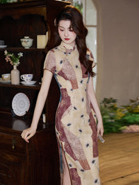 New Chinese Patchwork Print Qipao Dress | Mandarin Collar Short Sleeve Slim Midi Cheongsam
