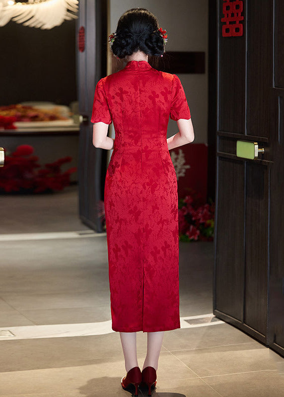 Modern Red Qipao Dress | Jacquard Slim Midi | Bridal Engagement & Tea Ceremony