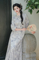 Mist-Grey Ink-Print Modern Hanfu Set | Mandarin-Collar Puff-Sleeve Top & High-Waist Skirt
