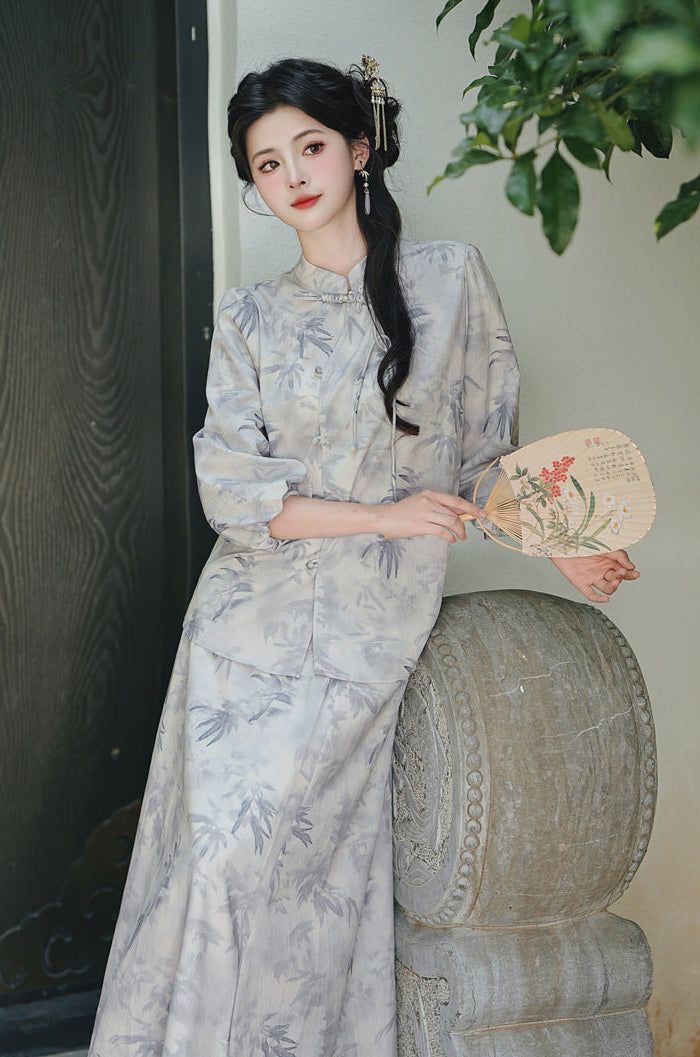 Mist-Grey Ink-Print Modern Hanfu Set | Mandarin-Collar Puff-Sleeve Top & High-Waist Skirt