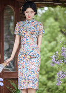 Fresh Multicolour Floral Short Qipao Dress | Summer Short Sleeve Mandarin Collar Slim Midi Cheongsam