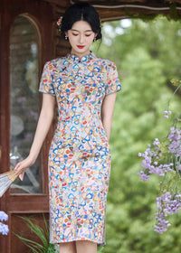 Fresh Multicolour Floral Short Qipao Dress | Summer Short Sleeve Mandarin Collar Slim Midi Cheongsam