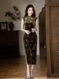 Olive-Green Floral Modern Qipao Midi | Sleeveless Mandarin Neck
