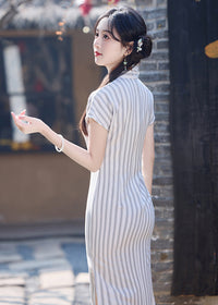 Ivory-Grey Striped Qipao Maxi Dress | Mandarin Collar & Frog Buttons