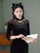 Black Lace-Paneled Qipao | Modern Mandarin, Slim Mid-Length Evening Dress