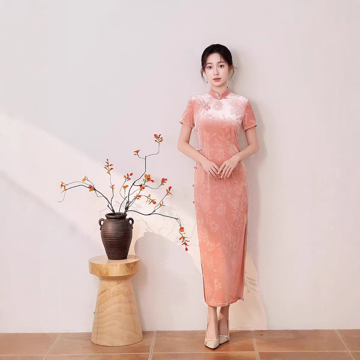 Pink Jacquard Short Sleeve Qipao Dress | Mandarin Collar Slim Midi Cheongsam