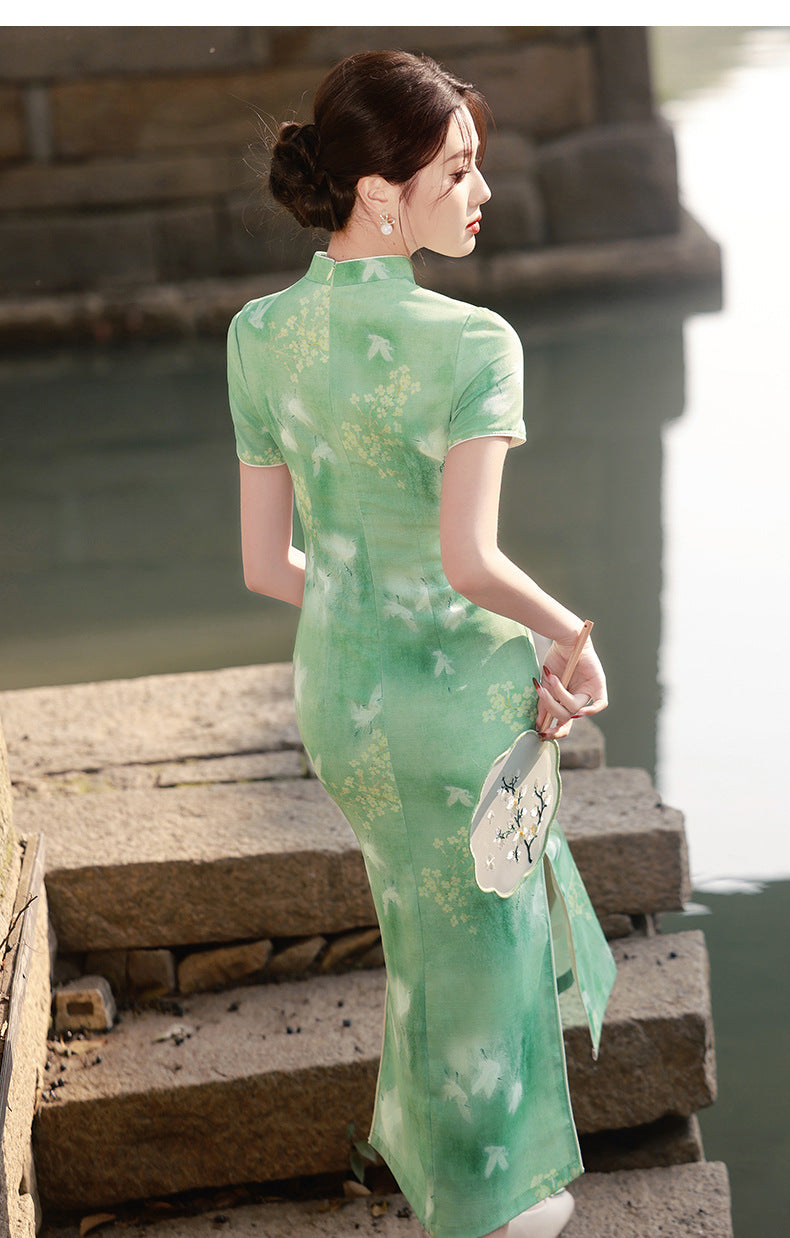 Ink-Wash Crane Print Qipao Dress | Slim Mandarin Collar & Side Slit | Mist Blue & Jade Green