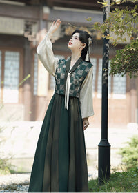 Spring Tang-Style Blouse & Eight-Panel Skirt Set | Deep-Green Patchwork Vest, Lantern Sleeves, High-Waist Flowing Maxi