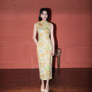 Yellow Vintage Floral Sleeveless Qipao Dress | Mandarin Collar Slim Midi Cheongsam