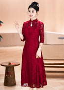 Red Plus Size Lace Mother Dress | Mandarin-Collar Tea-Length Gown