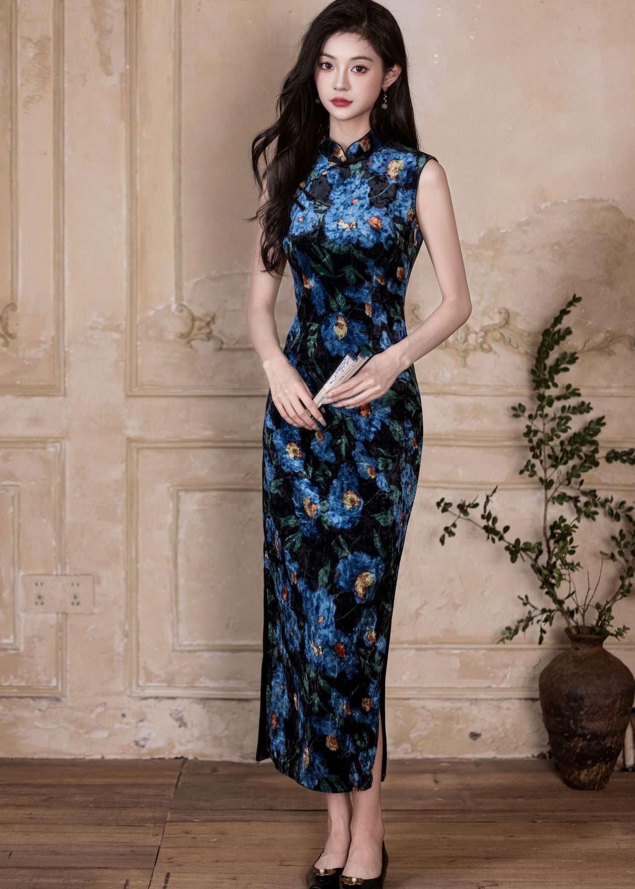 Blue Floral Vintage Sleeveless Slim Qipao Dress