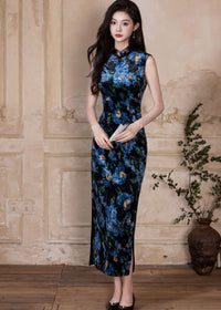 Blue Floral Vintage Sleeveless Slim Qipao Dress